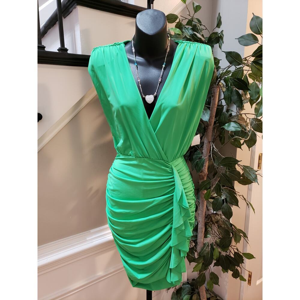 Meek Bodycon Dress Womens L Green Ruched Pleated Knee Length Sleeveless V Neck